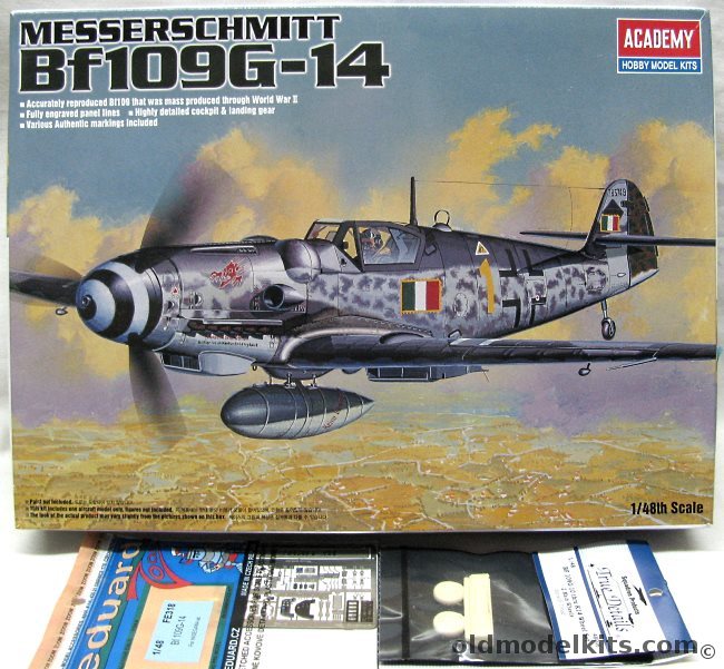 Academy 1/48 Bf-109G-14 (BF109G14) + Eduard PE + True Details Wheels - Luftwaffe 5 Sq 2 Gruppo Caccia March 1945 Osoppo Italy / 16/JG53 Alfred Michael Jan 1945 Halstoff France, 1682 plastic model kit